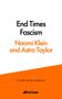 „End Times Fascism“, Autoren: Naomi Klein und Astra Taylor. Unten: „COVER TO BE REVEALED“, „allen lane“. Weiß-orange Gestaltung.