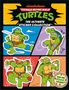 Text: "Teenage Mutant Ninja Turtles: The Ultimate Sticker Collection". Illustration von vier Schildkröten in Aktion.