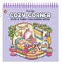 "Cozy Corner: Cute & Comfy Colouring Book." Illustration eines gemütlichen Zimmers mit Bett, Katze und Dekorationen., Buch