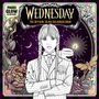 „Wednesday - The Official Glow Colouring Book“ oben, „Pages Glow in the Dark!“ links. 

Eine Illustration zeigt eine ernste Person mit Zöpfen, umgeben von Blumen, einem Nachtfalter und Sternzeichen. Balkon., Buch