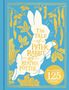 „The Tale of Peter Rabbit by Beatrix Potter“ und „Peter Rabbit 125 Years“. Silhouette eines Hasen mit goldenen Blättern.