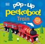 Text: "pop-up peekaboo! Train", "Pop-up surprise under every flap!"

Rote Spielzeuglokomotive auf Schienen, bunte Illustration.