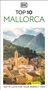 "TOP 10 MALLORCA" und "TOP 10 LISTS FOR YOUR PERFECT TRIP". Illustration: Ein Dorf vor einer Bergkulisse bei Sonnenuntergang.