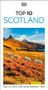 "Top 10 Scotland" mit Schafen in hügeliger Landschaft und Bergen im Hintergrund unter blauem Himmel.