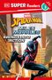 Text: "SUPER Readers, Spider-Man, Miles Morales, Swings Into Action." Illustration von Spider-Man, der durch eine Stadt schwingt.