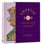 "CHARLIE AND THE CHOCOLATE FACTORY," violett mit einem farbenfrohen, verspielten Design auf der Buchhülle., Buch
