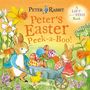 "Peter's Easter Peek-a-Boo!" Ein Hase schiebt eine Schubkarre voller bunter Ostereier, umgeben von Frühlingsblumen., Buch