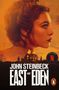 „JOHN STEINBECK EAST OF EDEN“, Frau im Profil, brennendes Haus im Hintergrund, Netflix-Logo., Buch