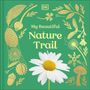 "My Beautiful Nature Trail" steht in der Mitte. Illustration: Blumen, Blätter, Spinnennetz, weiße Margerite auf grünem Hintergrund.