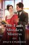"The Earl’s Mistaken Mistress" von Emily E K Murdoch. Eine Frau in rotem Kleid, Mann im Anzug; sie stehen in einer Bibliothek.