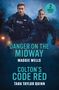 "2 Books in One" in einem Kreis; "Danger on the Midway" von Maggie Wells; "Colton’s Code Red" von Tara Taylor Quinn; zwei Polizisten in Uniform.