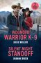 "Wounded Warrior K-9" von Julie Miller und "Silent Night Standoff" von Joanne Rock. Zwei Personen in Cowboykleidung vor winterlicher Landschaft., Buch
