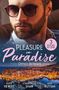 „Pleasure in Paradise: Office Retreats“, „3 Books in One“. Ein bärtiger Mann mit Sonnenbrille, darunter eine leuchtende Küstenstadt., Buch