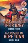 "Blackmailed for Their Baby" und "K-9 Rescue in Hope Town". Zwei Suchhunde in roten Westen vor Bergkulisse.