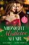 Text: "MIDNIGHT MISTLETOE AFFAIR" von Julia James, Clare Connelly. Zwei Personen, Frau in rotem Kleid, romantische Szene.