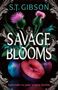 "S.T. Gibson," "Savage Blooms," "Surrender to your wildest desires." Thistleblüten und Pflaumen mit silbernen Verzierungen.