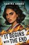 Text: "IT BEGINS WITH THE END". Frau mit dunklen Haaren, ernster Ausdruck, Flammenmotiv, Eiffelturm im Hintergrund., Buch