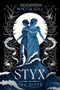 „Nikita Gill“, „STYX THE RIVER“. Zwei blaue Frauen in fließendem Gewand vor einem Mond, umrahmt von floralen Mustern.