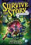 Oben großer gelber Text: "Survive the Story". Kinder rennen von einem monsterartigen Maul davon, umgeben von Wald., Buch