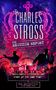 Text: "Charles Stross, The Regicide Report. 'Brilliantly disturbing and funny at the same time' Ben Aaronovitch." Logo-Hintergrund: Neonkrone, Silhouetten von zwei Männern mit Waffen vor Schloss.