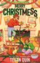 Ein Welcome-Text ist "Merry Christmess", darunter spielen zwei Kinder mit Katzen vor einem Kamin und dekorieren einen Baum., Buch