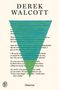 Text: "Derek Walcott" und "Omeros". Illustrierte Umkehrpyramide mit blauen und grünen horizontalen Streifen.