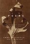 Text: "Poems, The Weight of Oranges, Miner's Pond, Skin Divers, Anne Michaels, Author of Fugitive Pieces." Dunkler Hintergrund mit abstraktem Muster.
