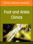 „Clinics Review Articles“, „Foot and Ankle Clinics“. Illustration eines Fußskeletts mit digitalen Elementen.