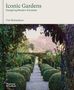 "Iconic Gardens: Designing Modern Paradise" von Tim Richardson. Ein Weg führt durch einen gepflegten Garten mit geschnittenen Büschen., Buch