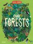 Text: "Yuval Zommer, Our Forests." Illustration: Dichte Waldszene mit Tieren wie Tiger, Leopard und Vögel.