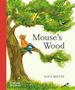 Text: "Mouse's Wood. Alice Melvin." Illustration eines Baumes mit einer Maus in einem Hemd, die auf einem Ast sitzt.