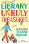 "The Library of Unruly Treasures" in bunten Buchstaben. Junge in blauer Jacke mit Hund, Vögel fliegen umher., Buch