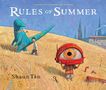 Text: "RULES OF SUMMER," "Shaun Tan." Illustration: Kind mit Vogelhelm, Dinosaurier, weites Feld.