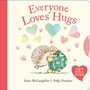 „Everyone Loves Hugs“. Igel und Schildkröte umarmen sich, umgeben von bunten Herzen, „LIFT PULL TURN“ in einem roten Herz., Buch