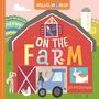 "ON THE FARM" in großen bunten Buchstaben auf einer roten Scheune. Tiere wie Hahn, Ziege, Katze und Kuh sind dargestellt.