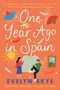 „One Year Ago in Spain“ von Evelyn Skye, lebendige Illustration mit Fächern, Feder, Sonne und zwei Personen vor Fenstern.