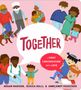 "TOGETHER" in großer, roter Schrift in einer Sprechblase. Diverse Menschen in fröhlichen Interaktionen.