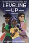 Text: "A Beginner's Guide to Leveling Up - A Graphic Novel - Elizabeth Agyemang". Drei junge Personen stehen vor Schließfächern.