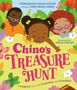 „Chino’s Treasure Hunt“ in pink, mit Kindern und Schmetterlingen. Bunt und fröhlich mit Blumen und Blättern.