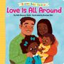Oben: “Love Is All Around”. Illustration: Eine lächelnde Familie mit zwei Kindern, einer im Arm der Mutter.