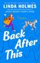 "LINDA HOLMES", "Back After This". Eine Illustration: Frau mit Rucksack und Hund, wellenförmiger Hintergrund.