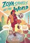 "Zoya Shakes Up the World". Ein Mädchen spielt Fußball, umgeben von architektonischen Motiven und einer Katze.