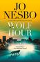 Text: "JO NESBØ", "NEW YORK TIMES BESTSELLING AUTHOR", "WOLF HOUR", Zitat über Nesbø. Skyline mit Wolf im Vordergrund., Buch