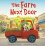 Text vorne: "The Farm Next Door". Illustration eines lachenden Hases in einem roten LKW, umgeben von Tieren in einem Dorf.
