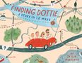 "Finding Dottie: a story in 12 maps" steht im Zentrum auf einem Banner. Illustration von einer Familie im Auto auf einer Landkarte.