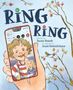 „Ring Ring“ in großen Buchstaben. Ein Kind mit Locken auf einem Smartphone-Display, umgeben von Zweigen und Blättern., Buch