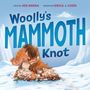 "Woolly's Mammoth Knot" in großer Schrift. Niedlicher Mammut mit zotteligem Fell sitzt auf Schnee, Berge im Hintergrund., Buch