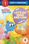 Illustration mit "STEP INTO READING" und "LET'S GO HIGH AND LOW". Verschiedene bunte, fröhliche Figuren und Bäume., Buch