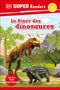 Text: "DK Super Readers", "Niveau 2", "Le Dîner des dinosaures". Zwei Dinosaurier in einer Dschungellandschaft., Buch