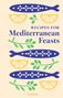 Text: "Recipes for Mediterranean Feasts". Illustration: Fische, Zitronenscheiben, grüne Zweige., Buch